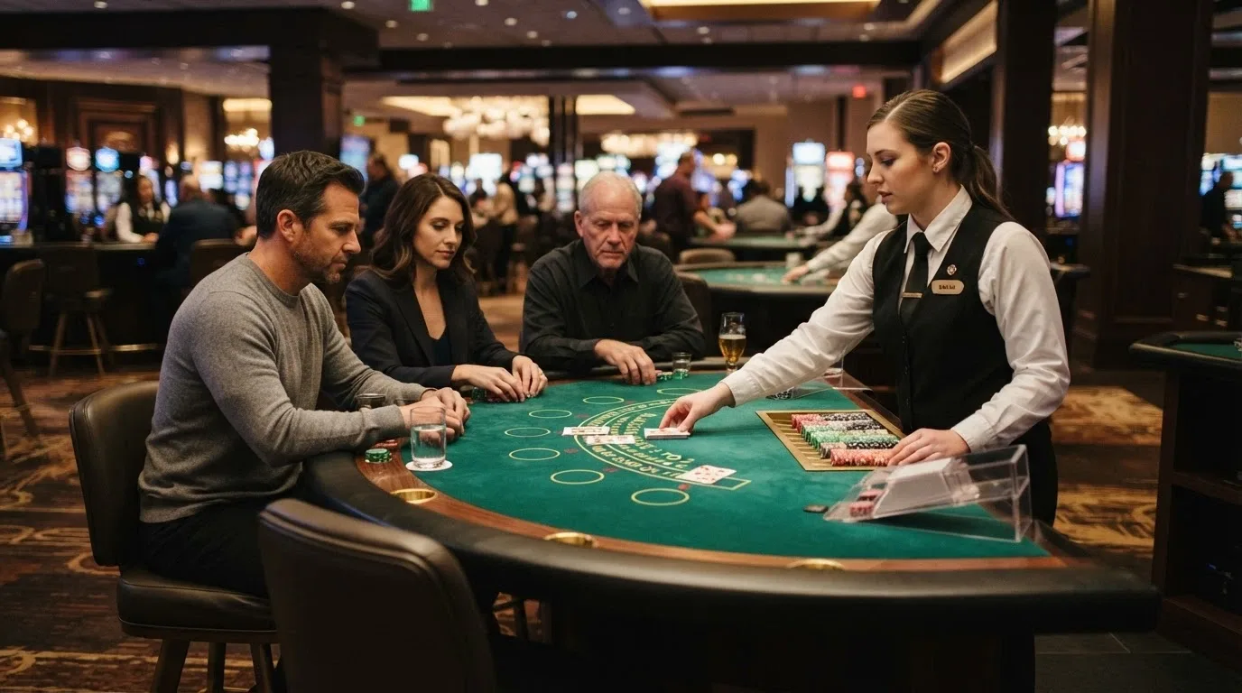 Players seated at blackjack tables on the main gaming floor with a dealer in frame