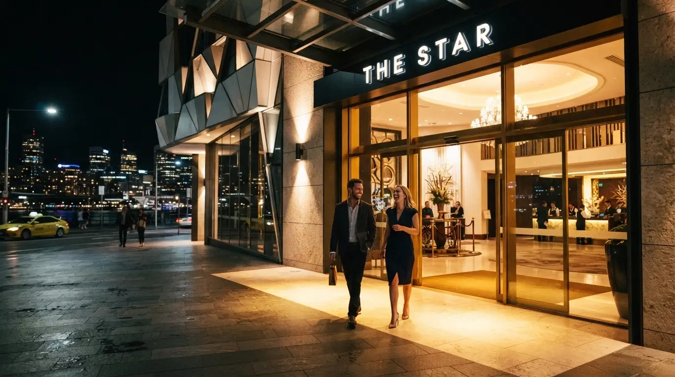 Casino Canberra entrance lit up at night with visitors arriving