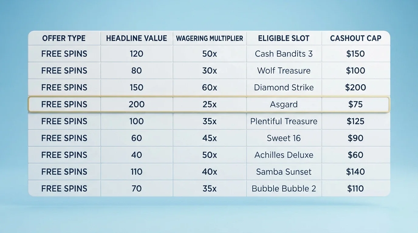 A side-by-side comparison layout showing free-spin counts, wagering multipliers and eligible slot names for multiple operators