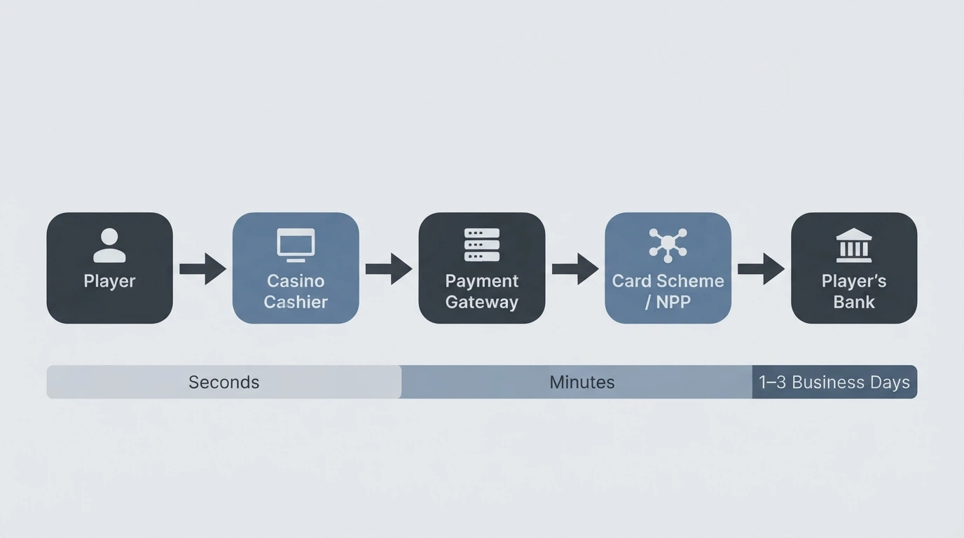 A simplified flow diagram showing: player → casino cashier → payment gateway → card scheme or NPP → player's bank, with arrows and labels for each step, and the settlement timeline noted beneath