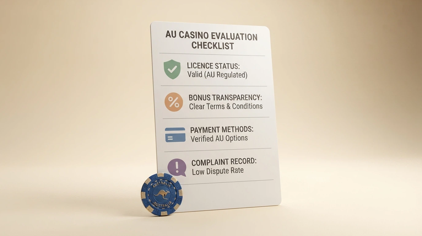 A document-style layout showing evaluation criteria icons: a licence certificate, bonus terms document, payment method logos and a player-safety shield.