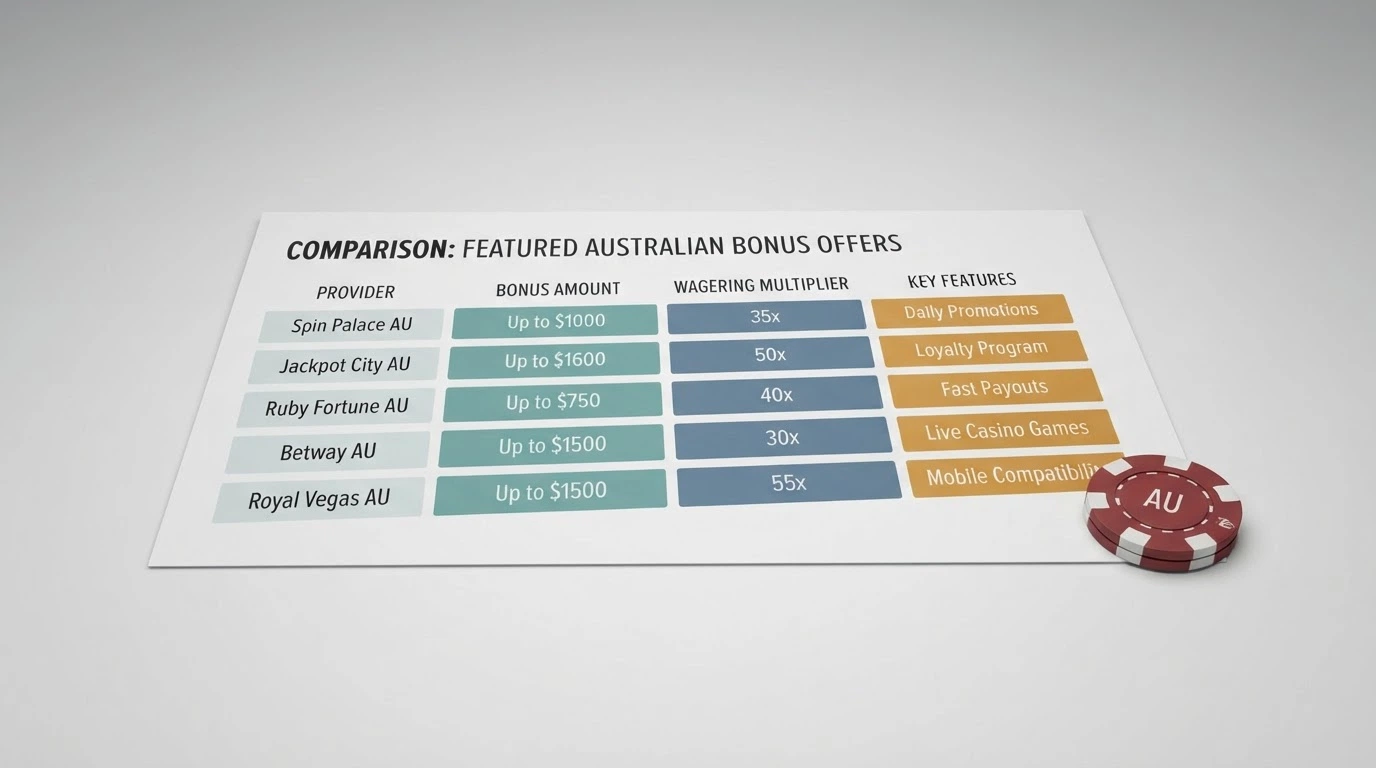 A side-by-side comparison table of casino sign-up bonuses showing operator names, bonus amounts, wagering multipliers and free-spin counts