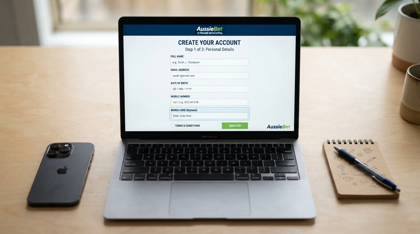 A registration form on a casino website with fields for email, password and a bonus code entry box