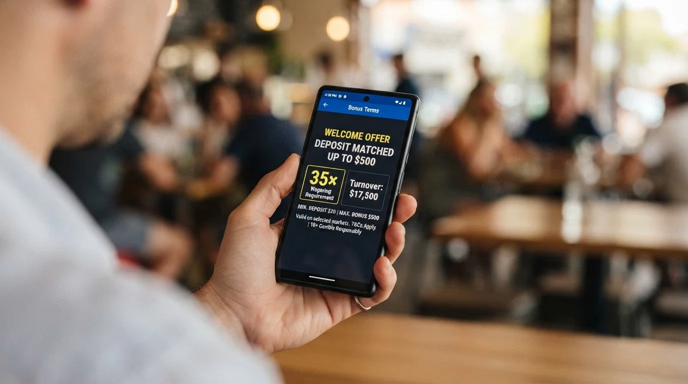 A close-up of a casino bonus terms box on an Android screen, with the wagering requirement (35× bonus) highlighted in yellow and a small calculator icon next to it showing the real turnover figure