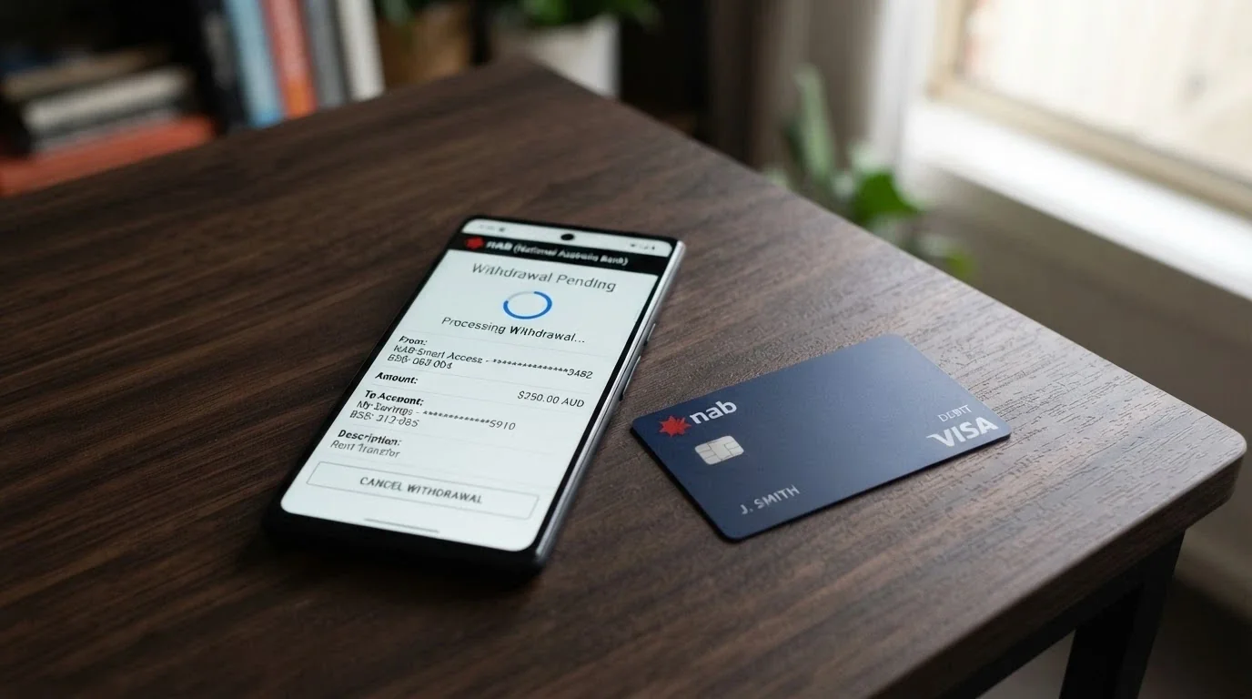 A smartphone displaying a casino withdrawal page with a pending status indicator and PayID/Osko fields, next to a bank card on a desk