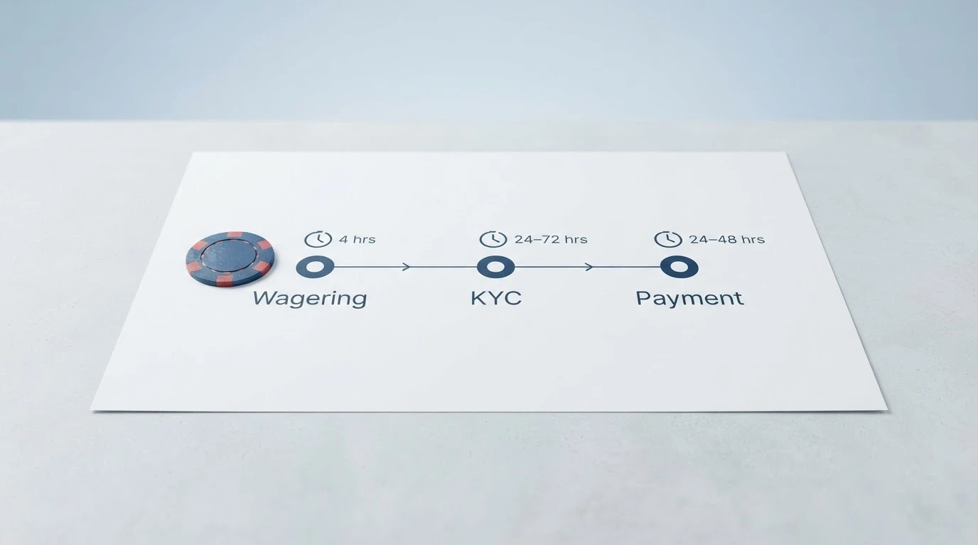A timeline graphic showing the three stages of cashing out a casino bonus — wagering completion, KYC verification and payment processing — with average durations at each step