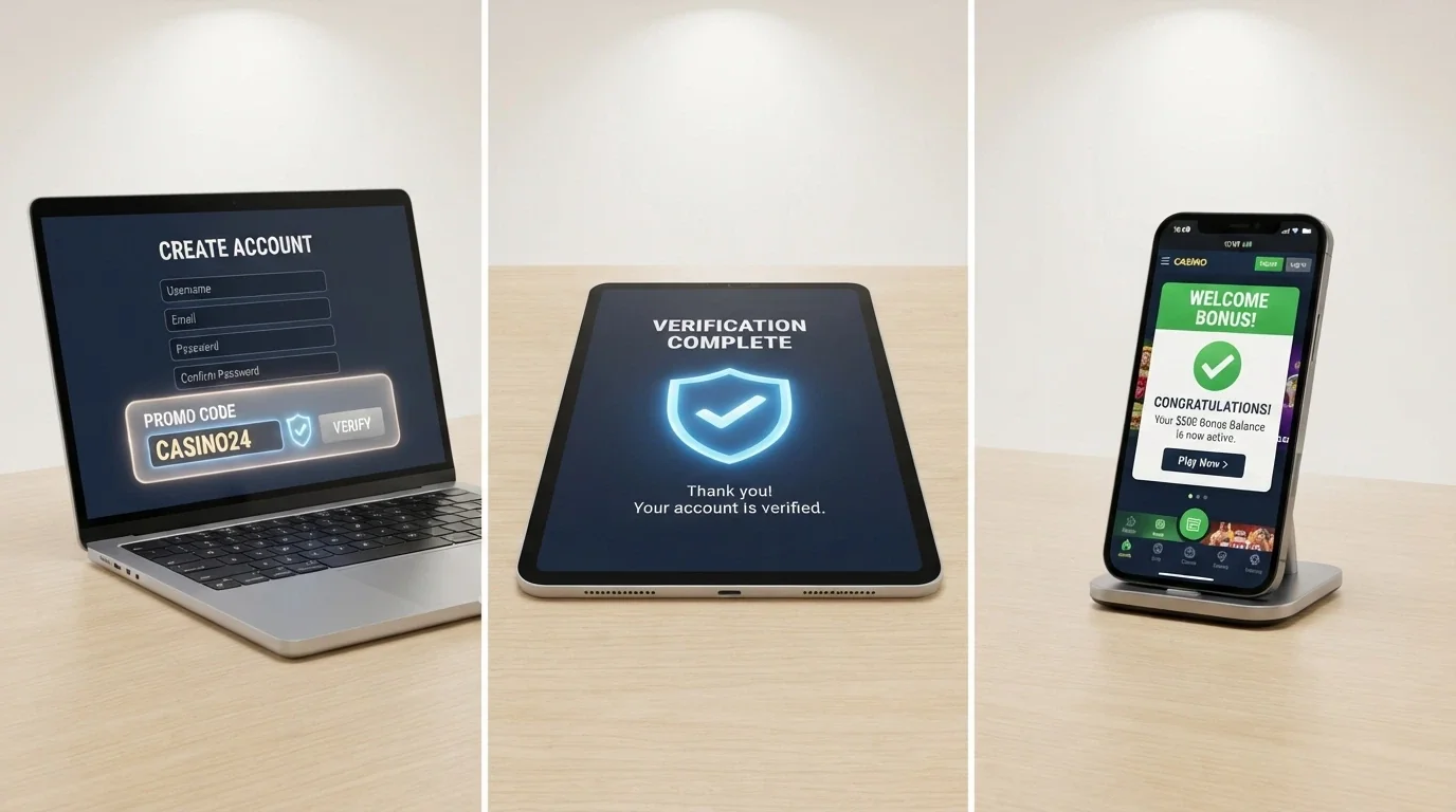 Three-step illustration — sign-up form with promo code field highlighted, verification screen, and confirmed bonus notification