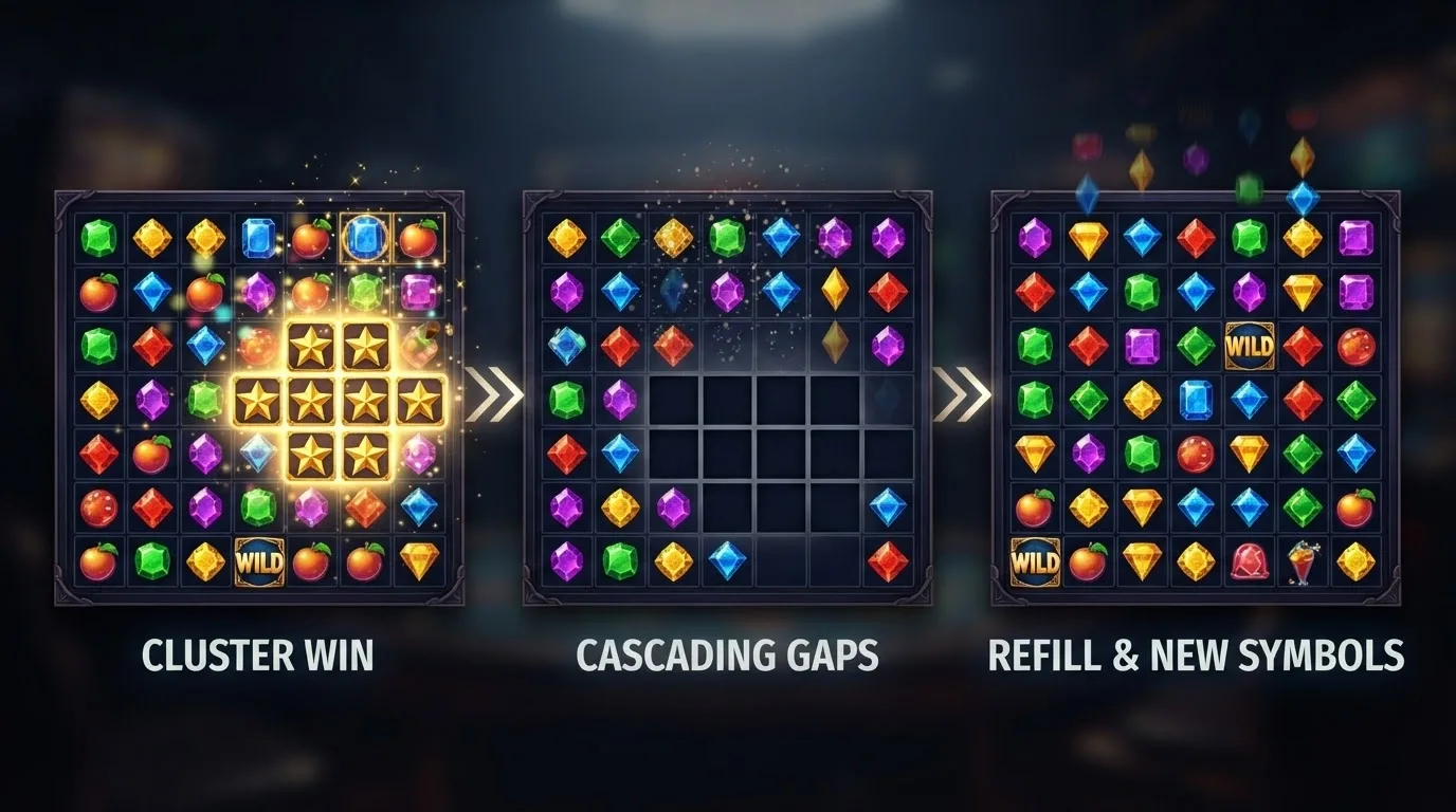 A three-panel sequence showing a 7-by-7 grid: winning symbols highlighted, those symbols removed leaving gaps, and new symbols cascading down to fill them