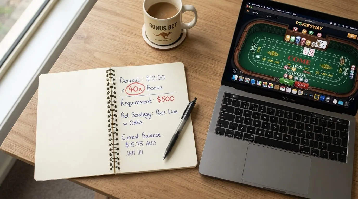A notepad beside a laptop showing a craps table, with wagering-multiplier maths scribbled in pen — 40x bonus circled in red