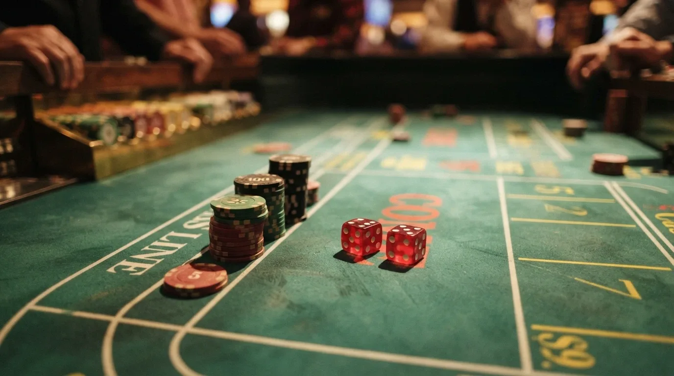 A close-up of the Pass Line and Come areas on a craps table felt, chips stacked on the Pass Line with a pair of dice showing a six and two