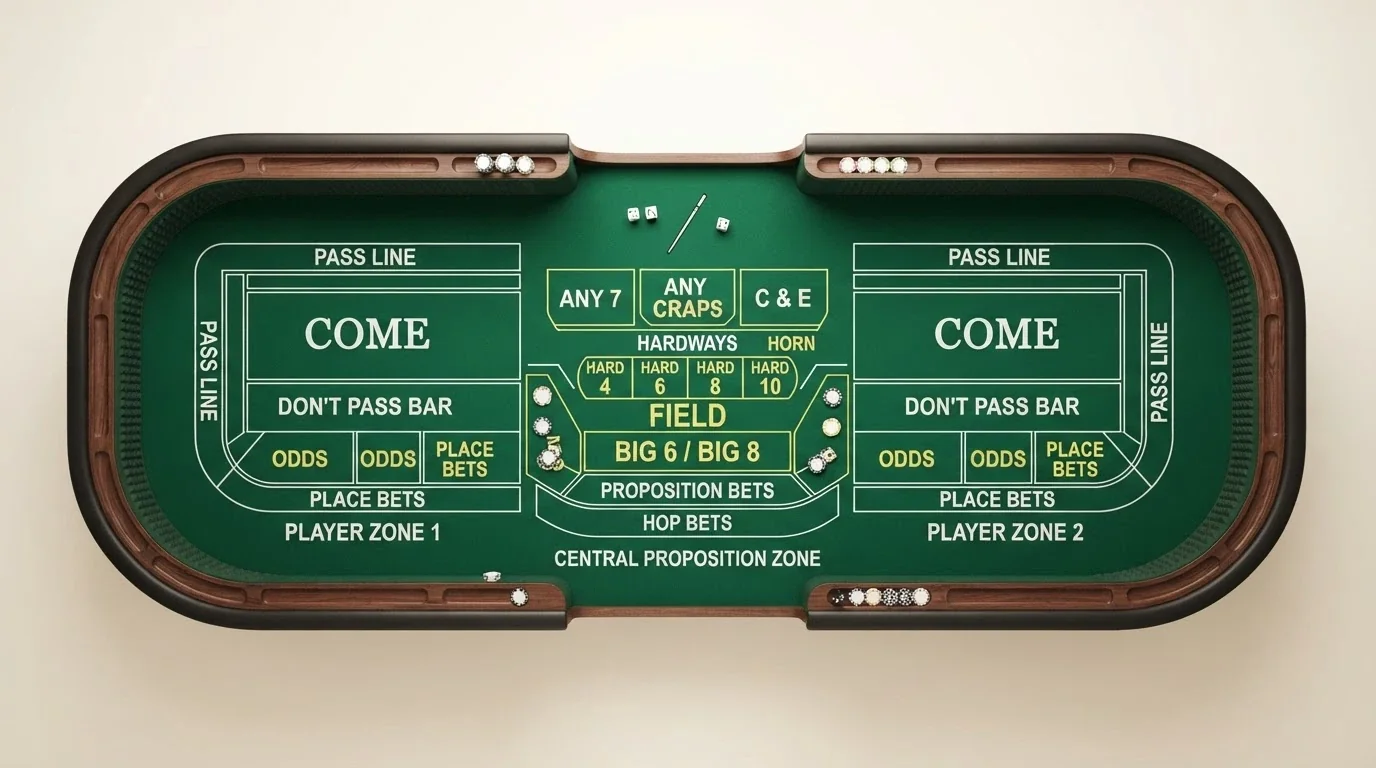 An overhead diagram of a standard craps table with the three betting zones labelled — self-service rail, Come area, and centre proposition bets