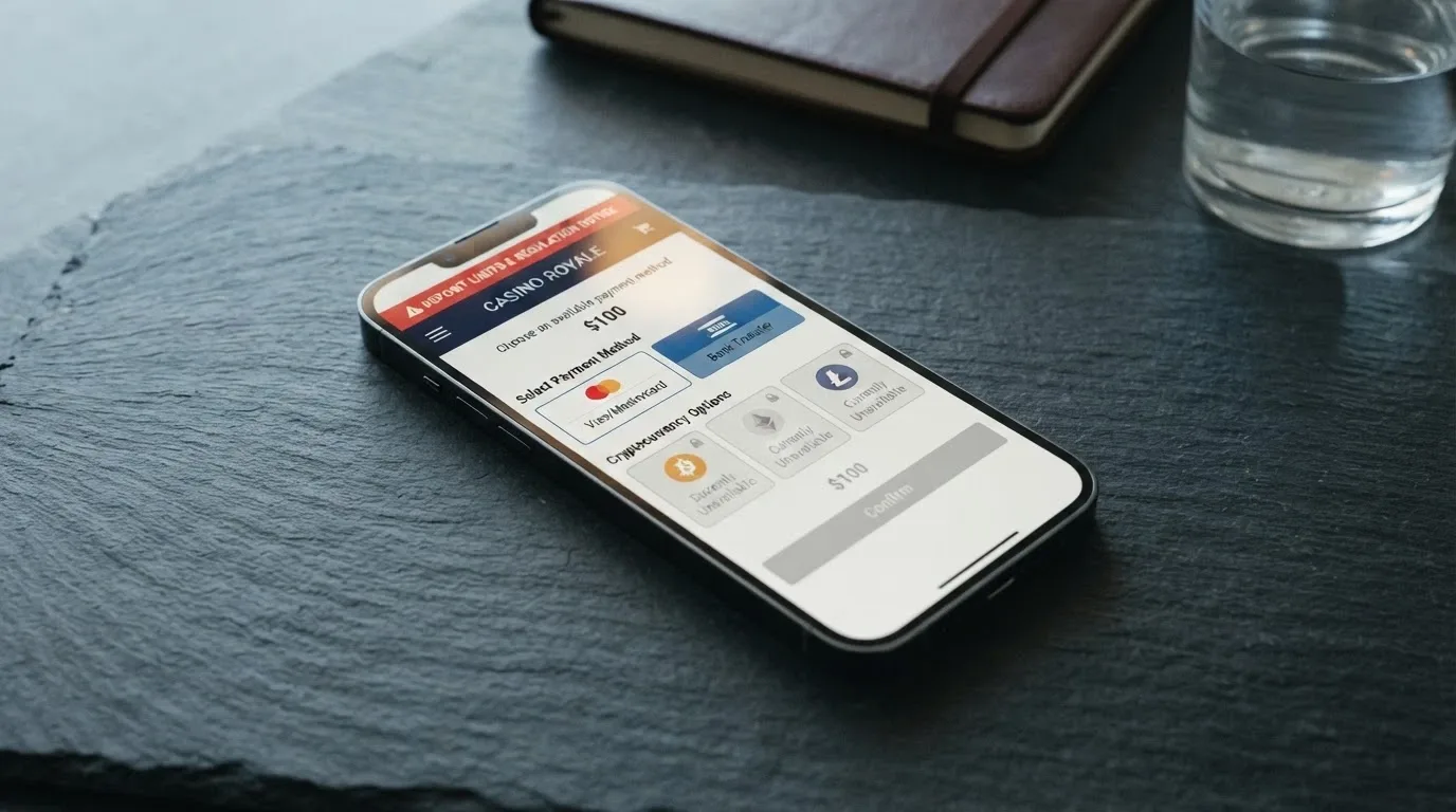 An iPhone displaying a casino deposit screen with cryptocurrency options greyed out and a warning banner about the June 2024 ban