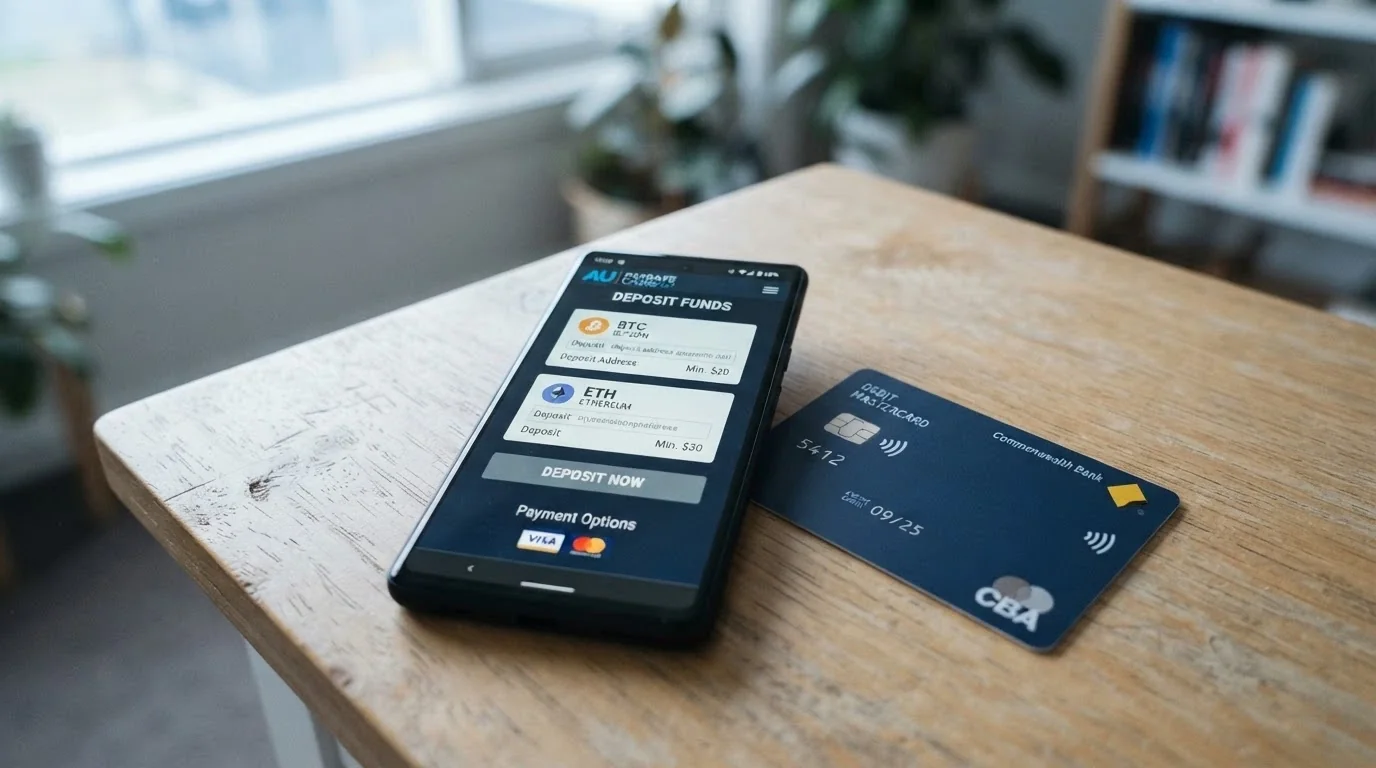 A smartphone screen showing a casino deposit page with Bitcoin and Ethereum options highlighted, photographed beside a physical Australian debit card