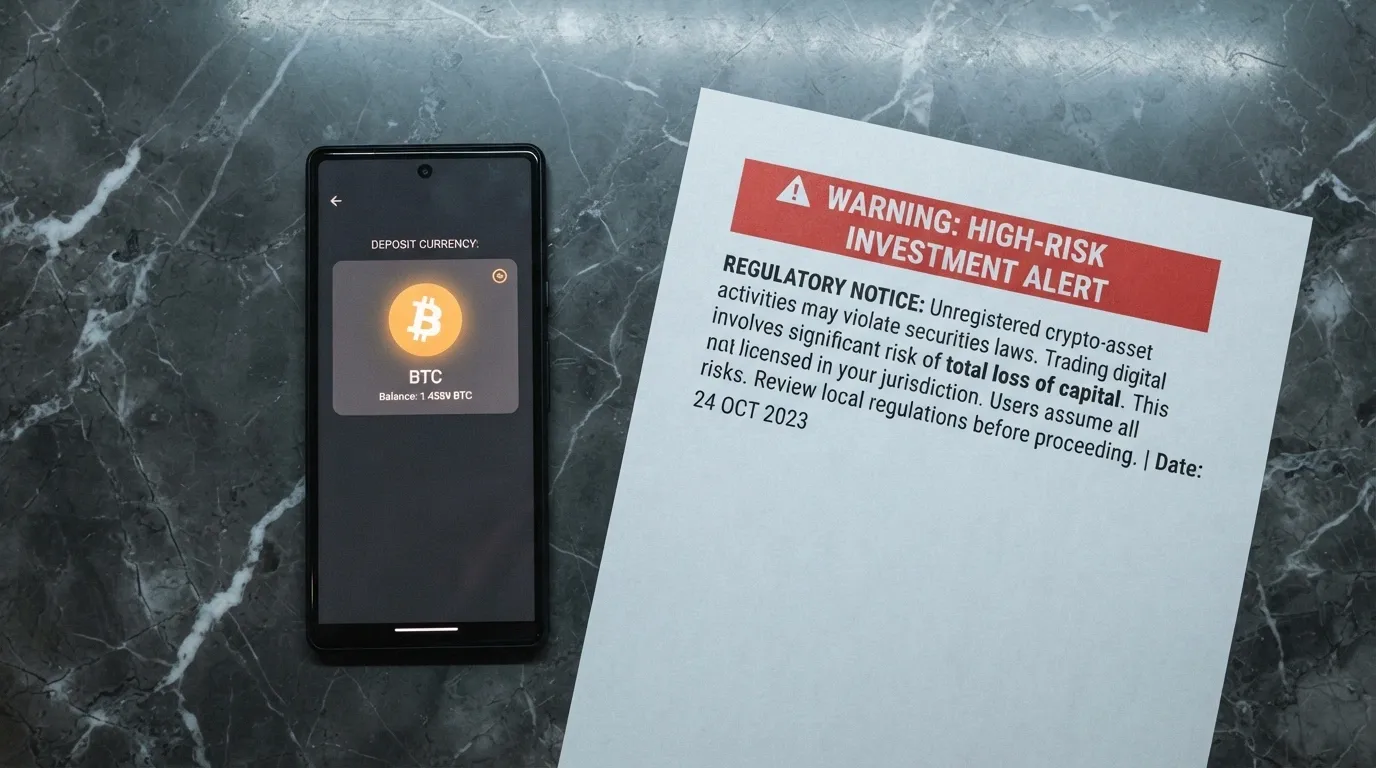 A smartphone showing a casino deposit screen with Bitcoin selected as the payment method and an Australian regulatory warning beside it