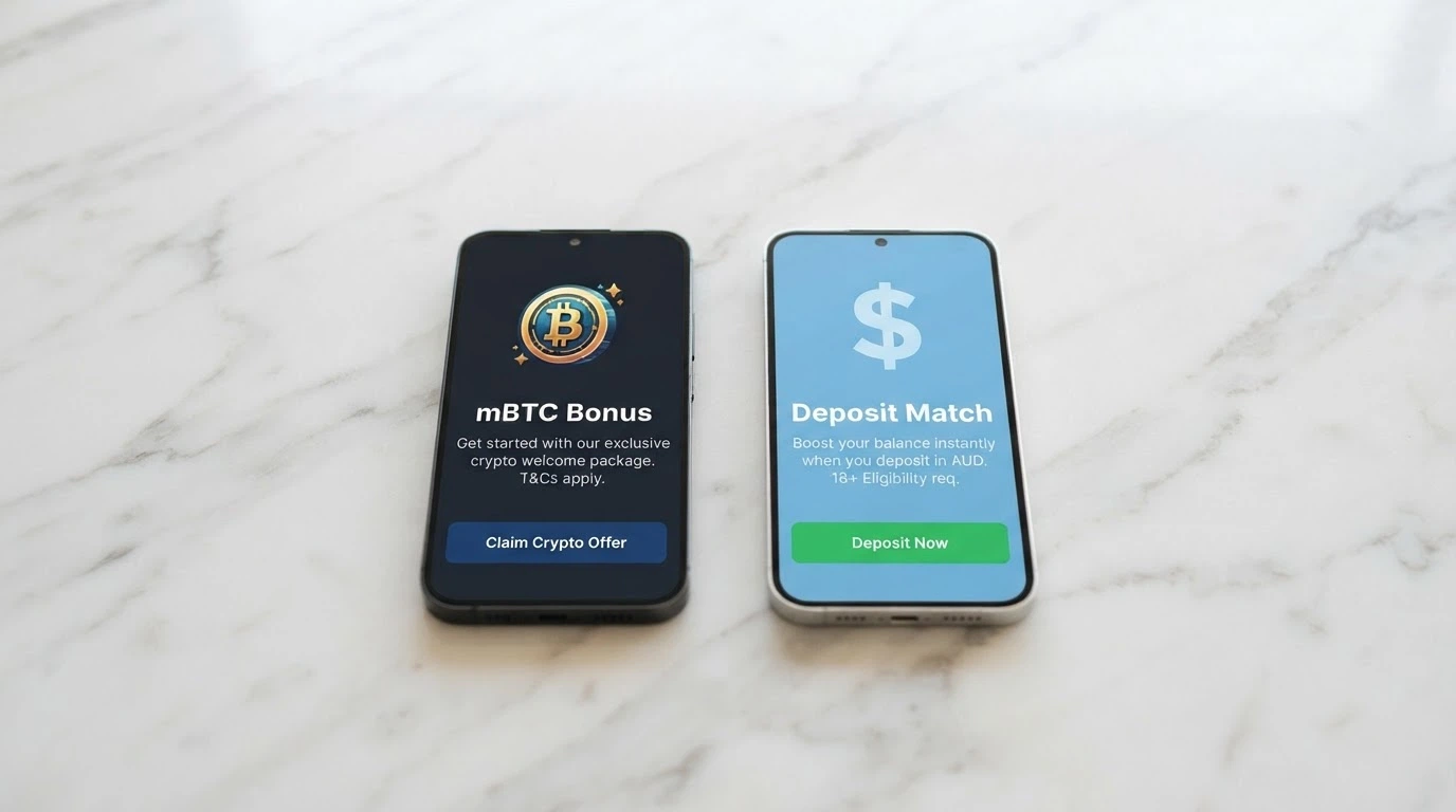 A split-screen comparing a Bitcoin casino welcome-offer screen against an AUD casino bonus screen, with different wagering terms and deposit minimums highlighted