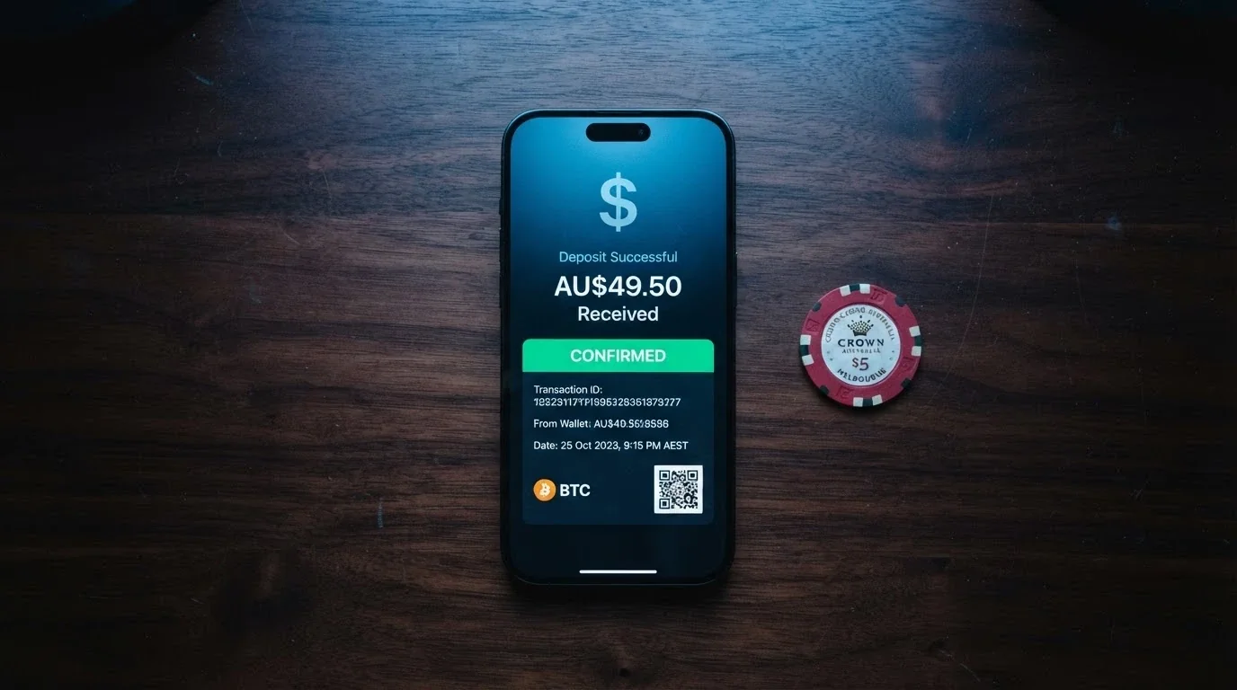 A smartphone showing a cryptocurrency deposit screen beside a casino withdrawal confirmation