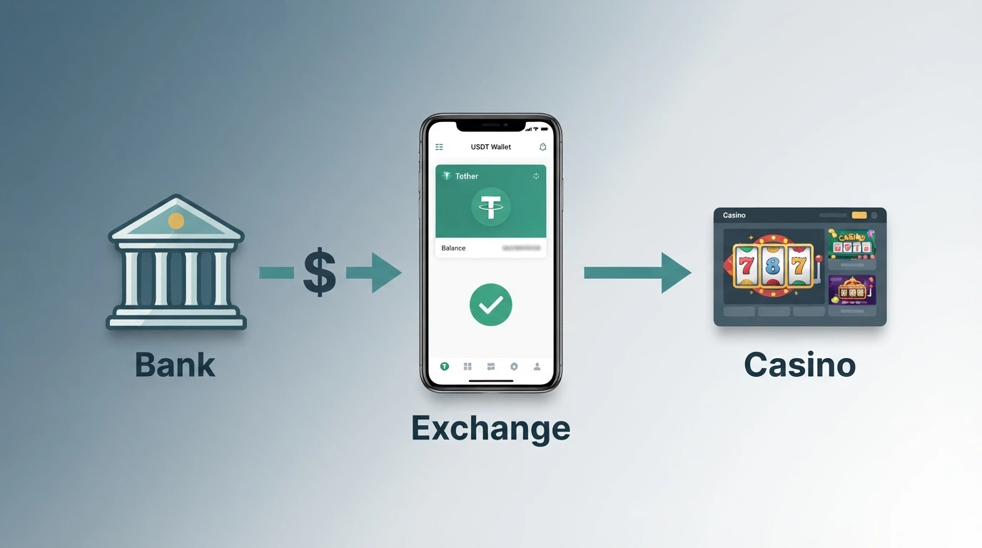 A simplified flow diagram showing Australian bank notes converting to a USDT TRC-20 wallet on a phone screen, with the exchange logo and casino lobby in the same frame