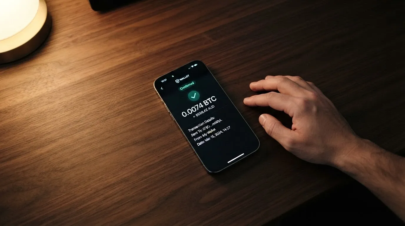 A cryptocurrency wallet interface on a smartphone displaying a small Bitcoin transaction with its Australian dollar equivalent shown in the conversion