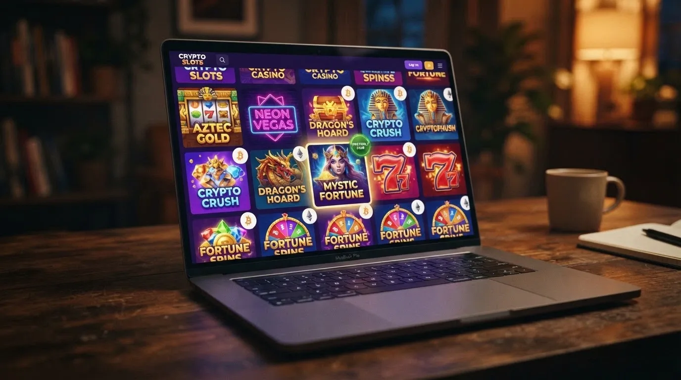 A grid of colourful online pokie thumbnails overlaid with crypto symbols (BTC, ETH, USDT) and a “provably fair” verification badge on one tile