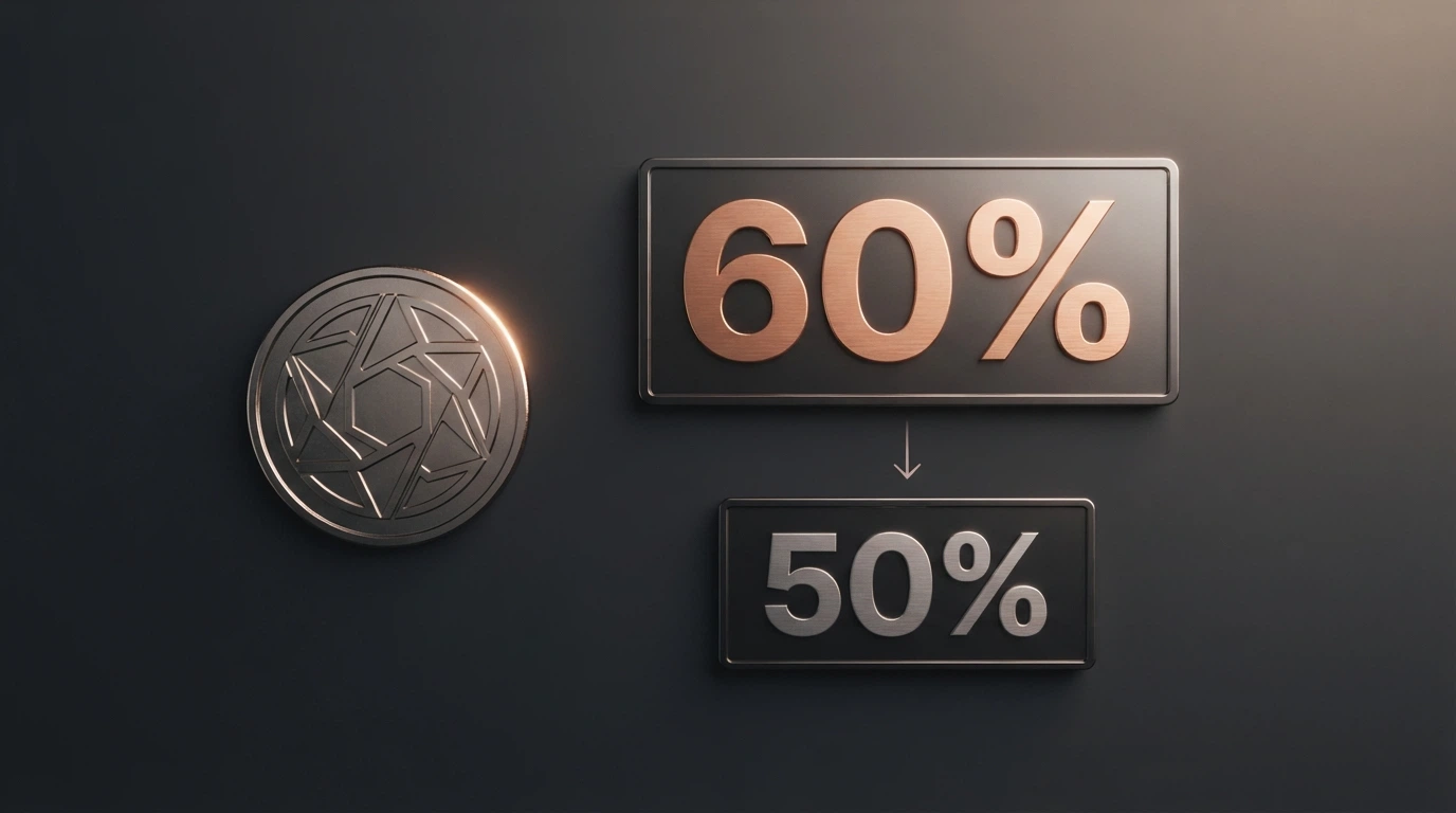 A Bitcoin logo beside a percentage-match badge reading 60%, with a smaller fiat-currency match badge reading 50% below it, connected by an arrow showing the premium