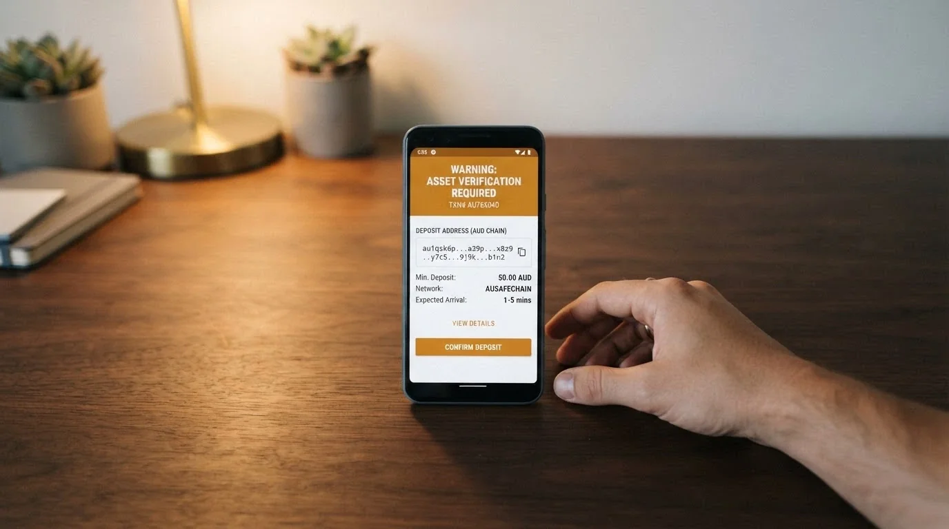 A smartphone screen showing a casino deposit interface with a bitcoin wallet address and a warning overlay flagging the Australian crypto payment ban