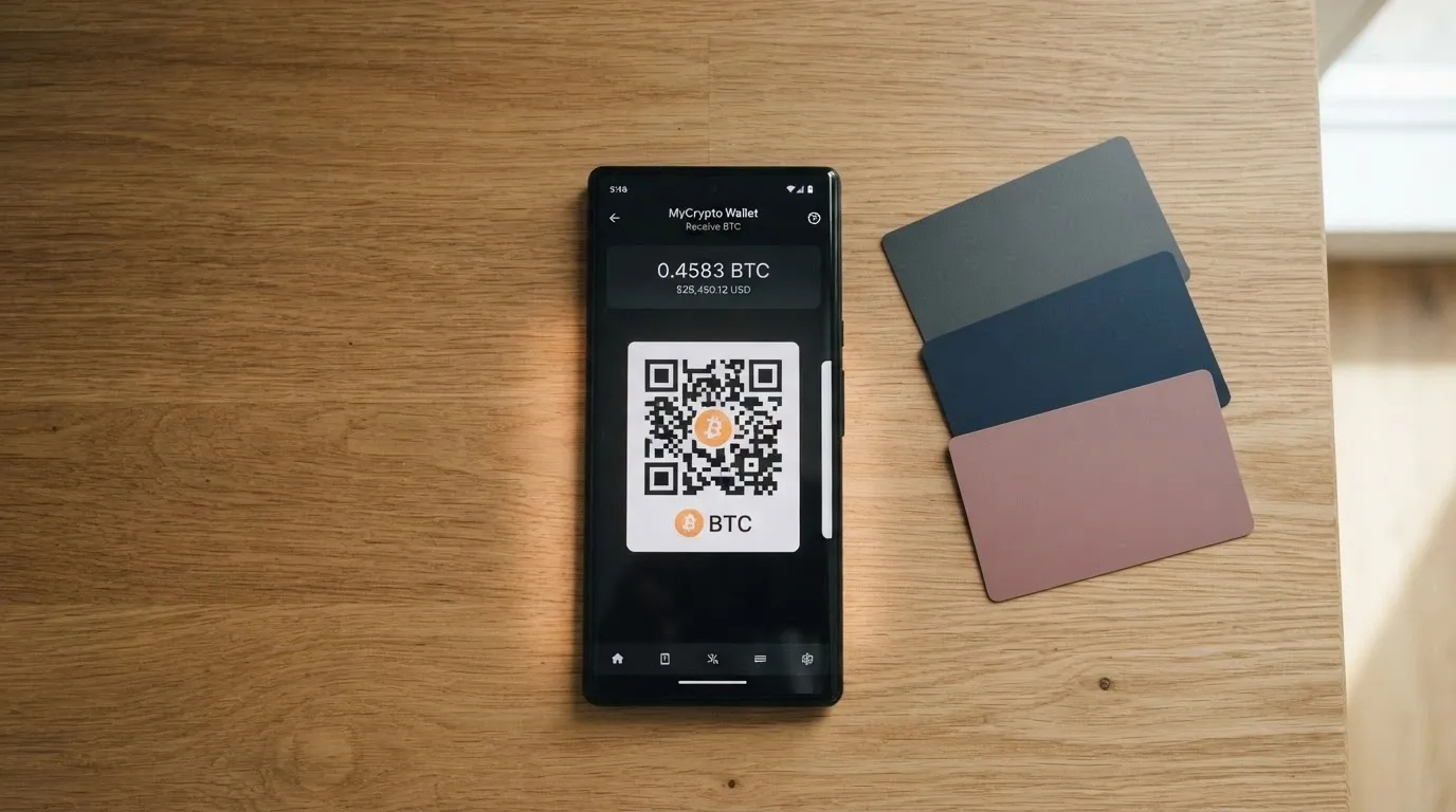 A smartphone displaying a crypto wallet QR code beside a casino deposit screen, with a stack of AU bank cards pushed to the side