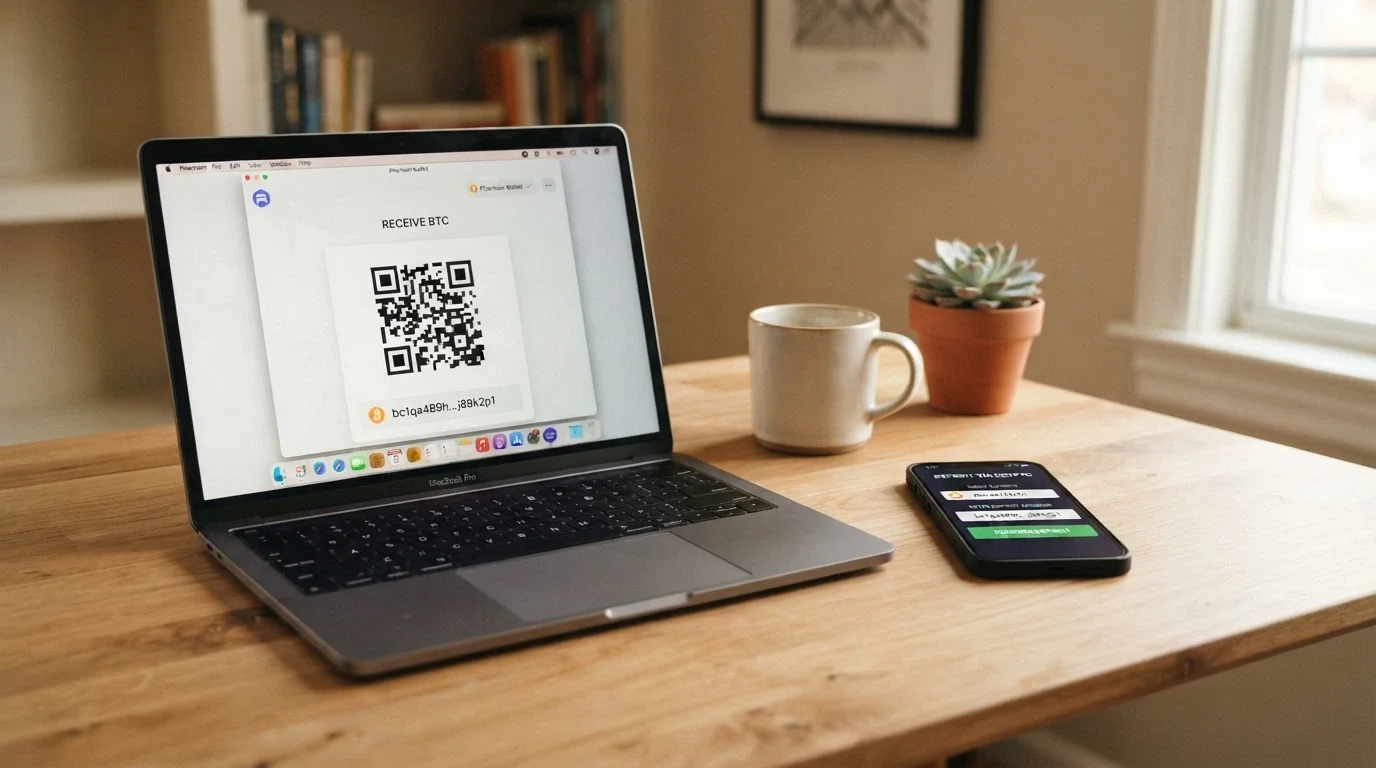 A laptop screen showing a crypto wallet QR code beside a casino deposit interface, with a Bitcoin and USDT logo visible