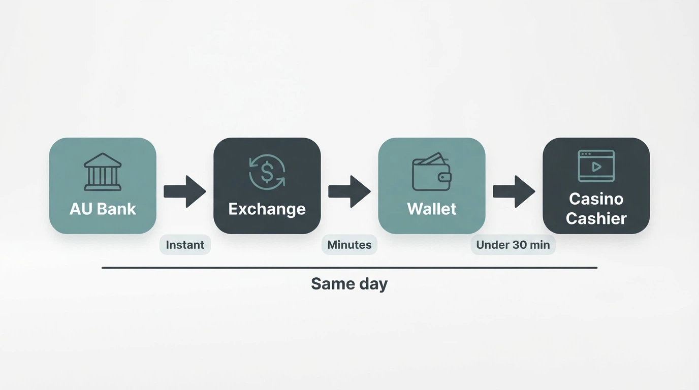 A diagram showing the four-step crypto deposit route: Australian bank → Australian exchange → USDT wallet → offshore casino cashier, with arrows and estimated times at each step