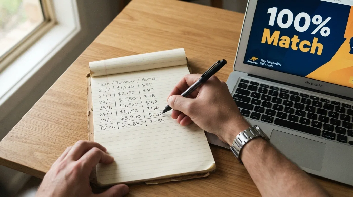 A calculator next to a casino bonus banner showing a 100% match, with the calculator display showing a turnover figure many times larger than the bonus