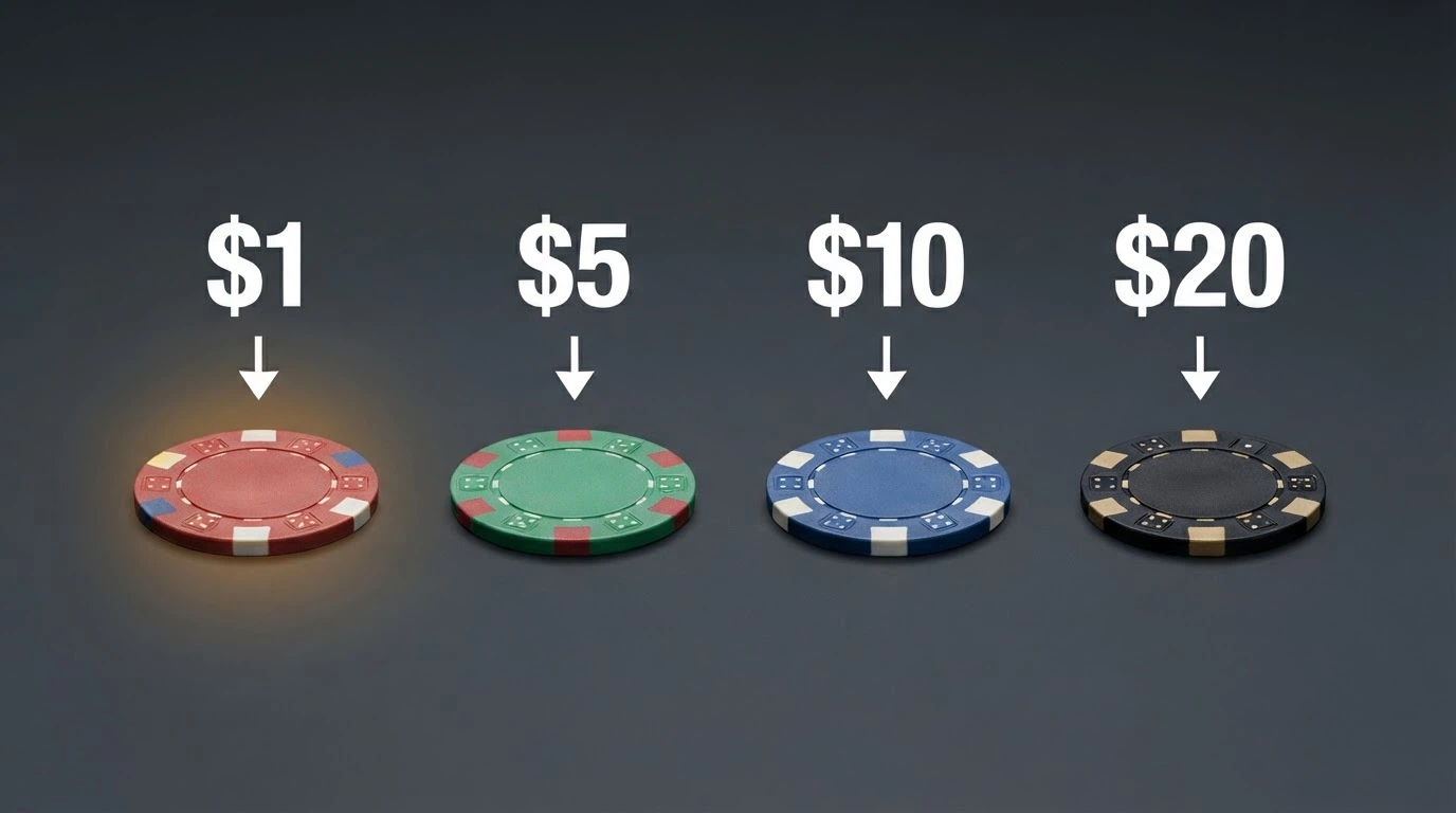 Four Australian dollar amounts arranged from smallest to largest — one dollar coin, a five-dollar note, a ten-dollar note and a twenty-dollar note — against a dark casino-style background