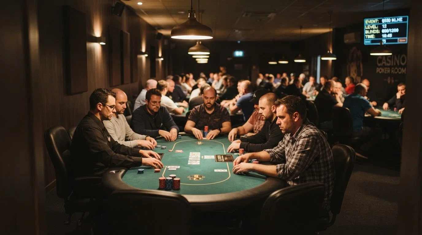 The District Poker room on Level 1, with tournament tables set up under low warm lighting
