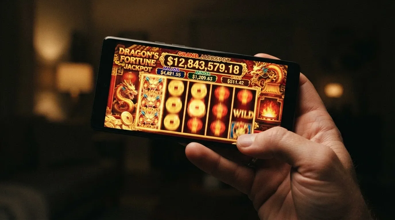 A mobile phone in landscape mode showing a jackpot-link pokies game screen with a progressive jackpot counter displayed above the reels