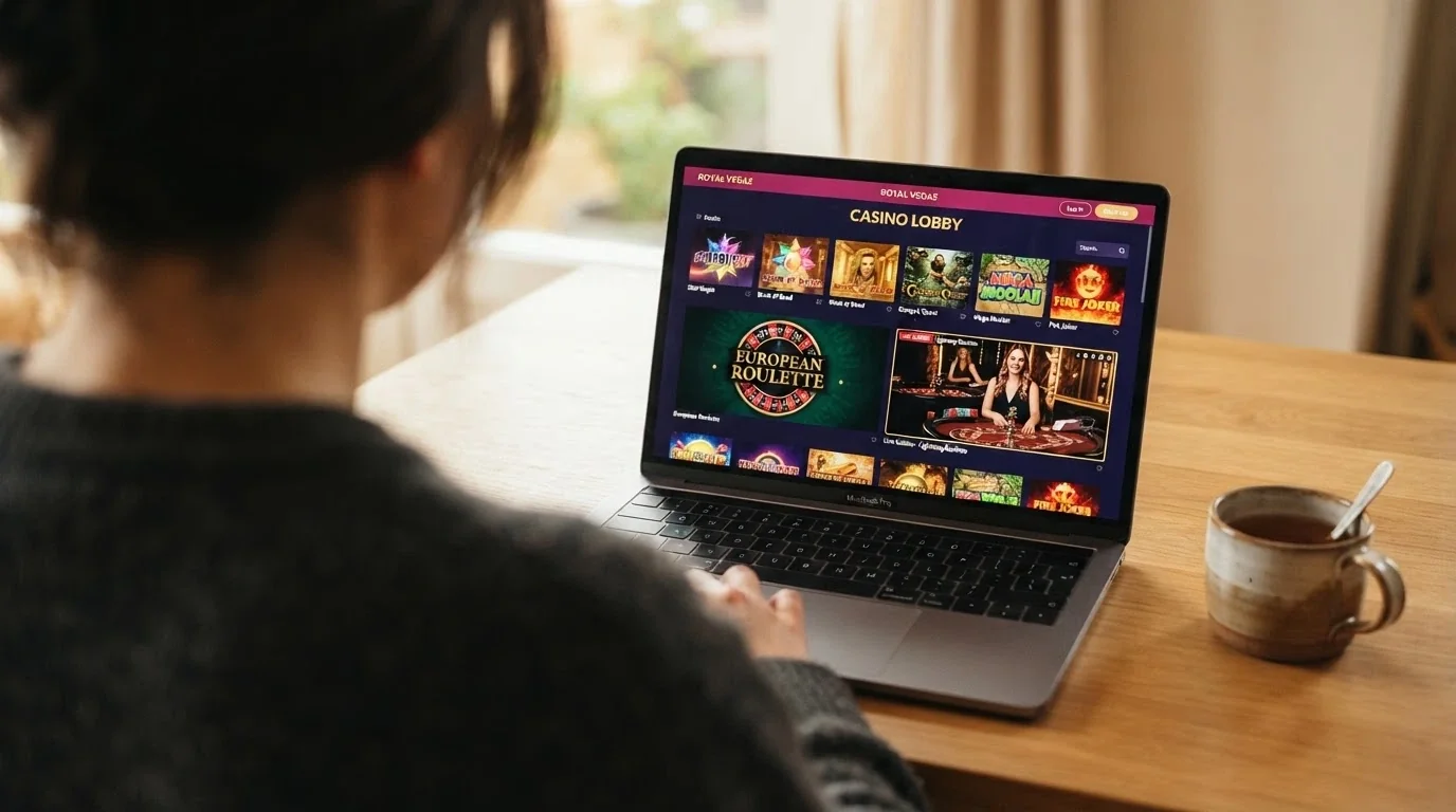 Grid of casino game thumbnails including online pokies, blackjack, roulette and a live dealer table with a croupier