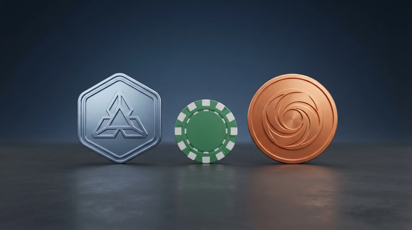 Ethereum and Bitcoin logos side by side with casino chip graphics between them