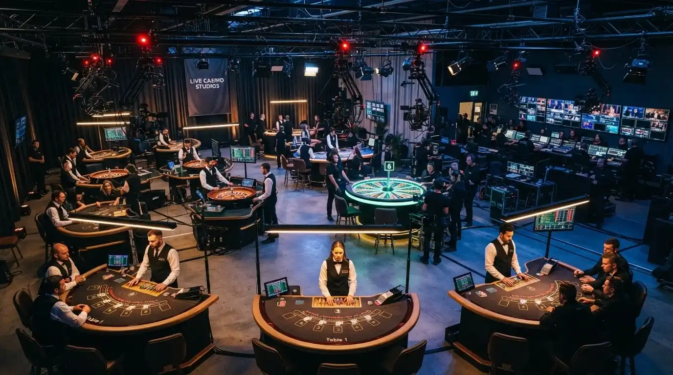 A wide shot of an Evolution Gaming live casino studio floor with multiple tables operating simultaneously under professional broadcast lighting, camera rigs visible above each table
