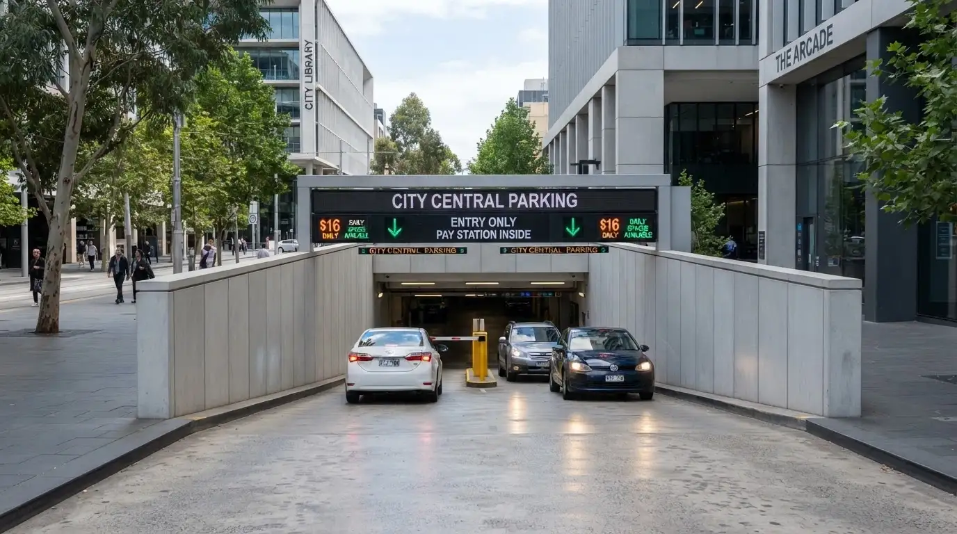 The entrance to Festival Car Park on Festival Drive, adjacent to SkyCity Adelaide and the Adelaide Festival Centre