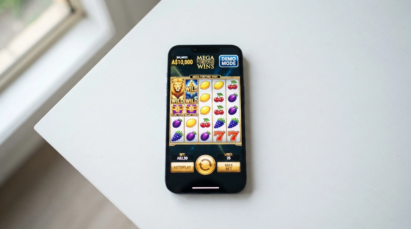 A pokies game running in demo mode on an Android phone, with a play-money balance clearly visible in the corner