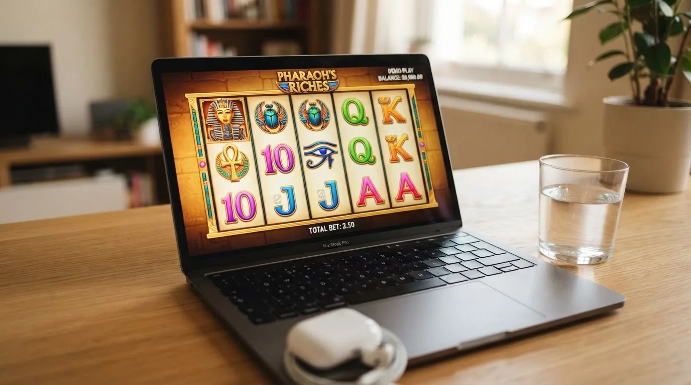 A laptop screen showing a 5-reel pokie in demo mode with a play-money balance displayed in the corner