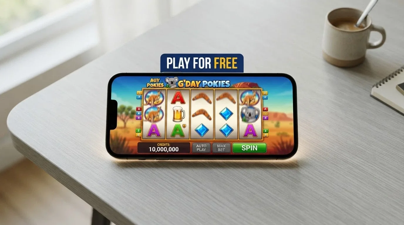 An Android phone showing a pokie game in demo mode with a “Play for Free — No Deposit Needed” banner visible, the credit counter showing play-money coins
