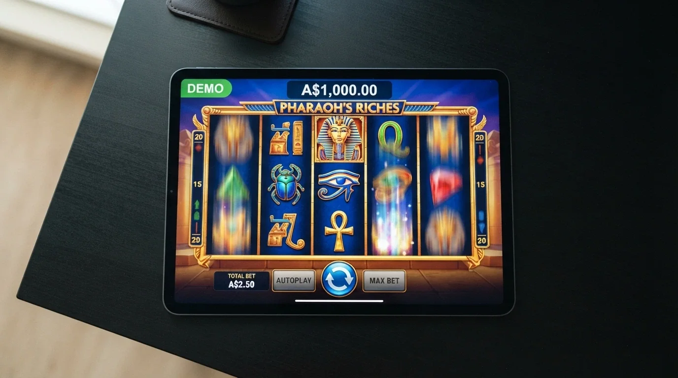 iPad screen displaying a colourful pokies game in demo mode with a play-money balance clearly visible