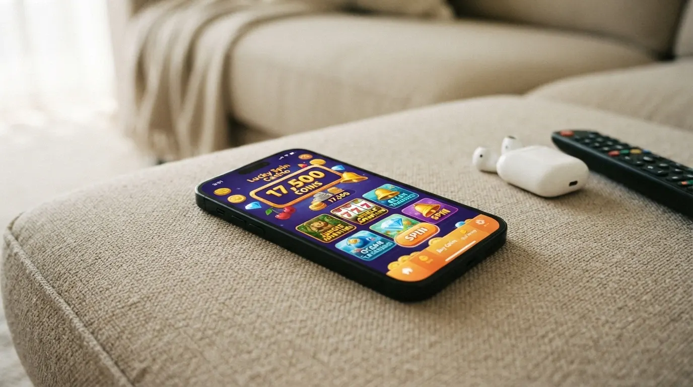 A free-to-play pokie app interface on an iPhone showing a coin balance in the thousands with no real-money deposit button visible