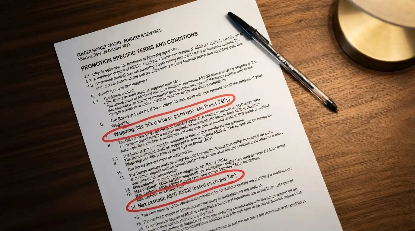 A close-up of printed bonus terms and conditions with wagering requirements and a max-cashout figure circled in red