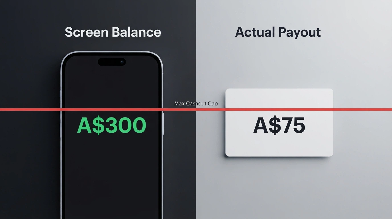 A split-frame graphic: a pokies screen showing a A$300 balance on one side, and a bank app showing a A$75 deposit on the other