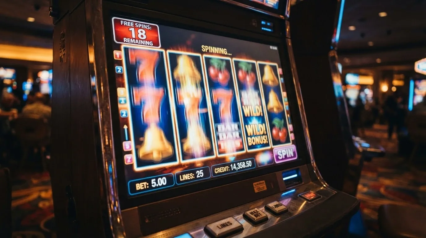 Slot reels mid-spin with a free-spins counter and bet-amount display visible