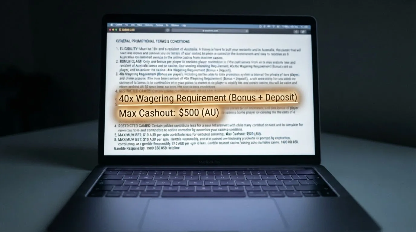 A close crop of bonus terms and conditions text on a screen, with a wagering-requirement line and a max-cashout figure highlighted, the rest blurred.