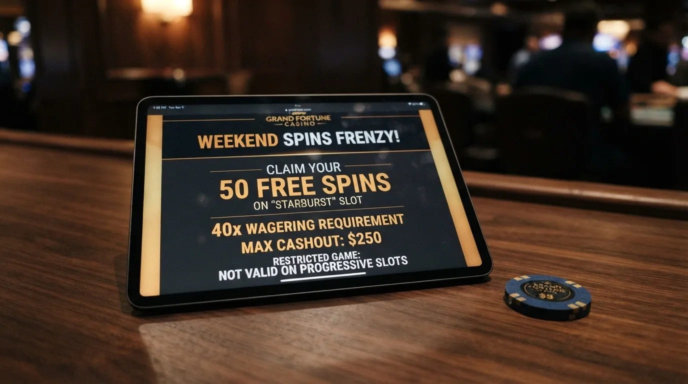 A close-up of free-spin terms on a casino promotions page highlighting the wagering multiple, max cashout and game restriction