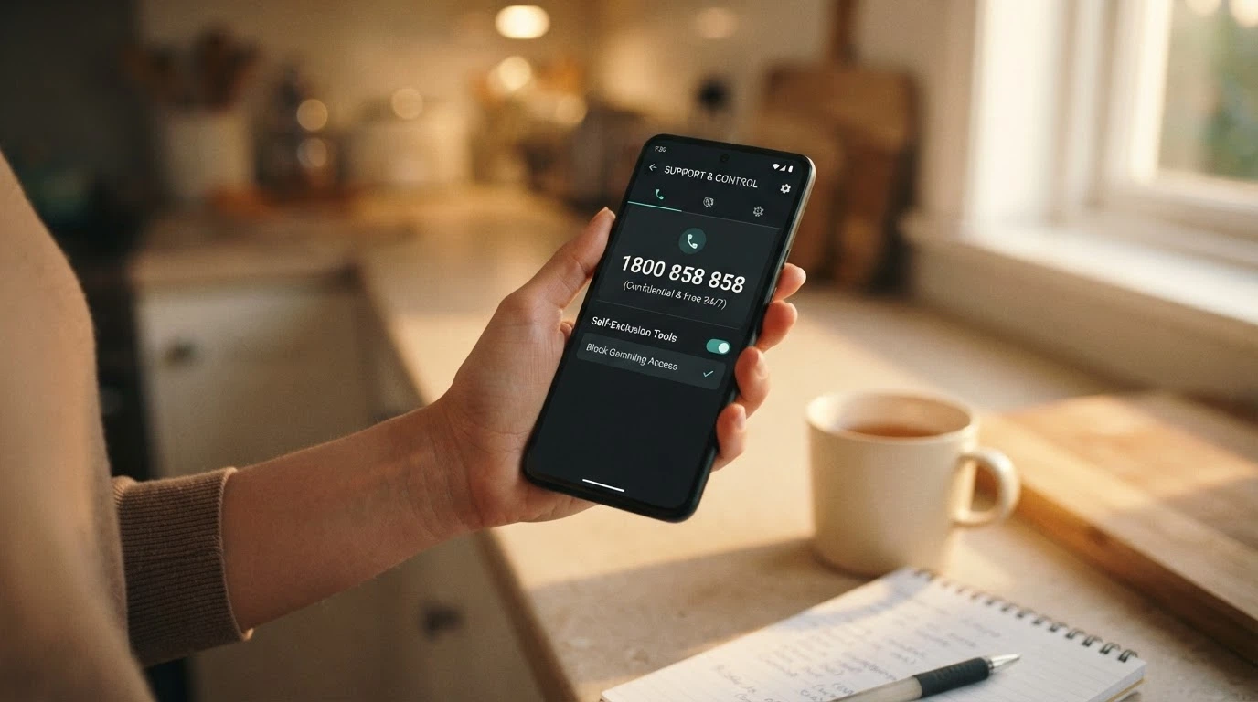 A hand holding a phone showing the helpline number 1800 858 858 and a self-exclusion toggle