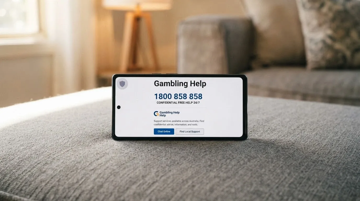 A mobile phone screen showing the Gambling Help Online homepage and the National Gambling Helpline number 1800 858 858, with the BetStop logo visible but greyed out to indicate it does not cover offshore casinos