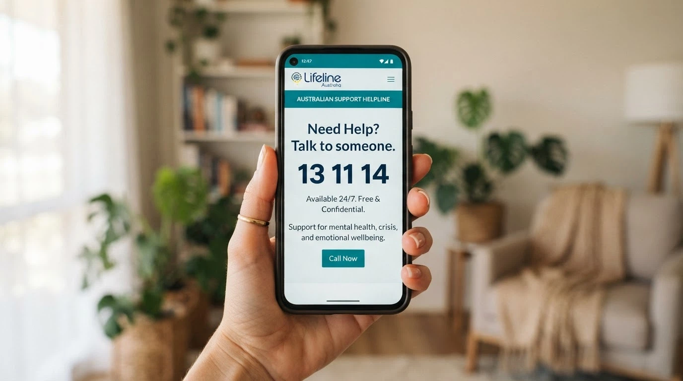 A close-up of a smartphone displaying the Gambling Help Online homepage with the 1800 858 858 helpline number prominent