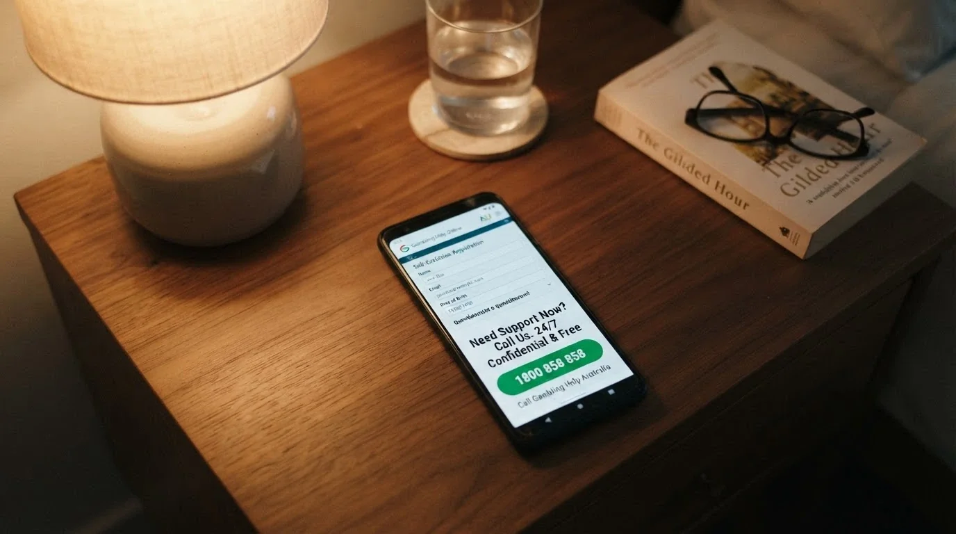 A phone screen displaying the BetStop registration page beside the Gambling Helpline number 1800 858 858, with a green call button emphasised
